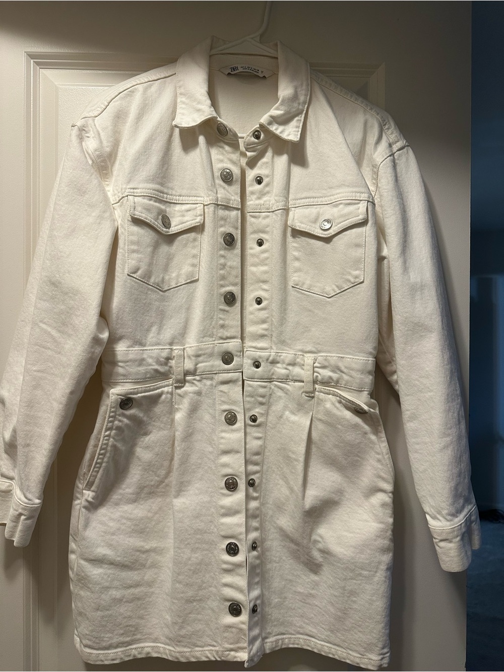 Zara White Denim Button-Front Jacket Dress